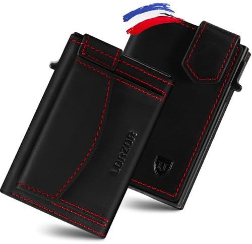 LORZOR Kartenetui mit XXL münzfach für 10+ Münzen, Slim Wallet mit Magnetischer Verschluss, Geldbörse Herren RFID Schutz, Portemonnaie Klein, Portmonee,Geldbeutel Brieftasche für 10 Karten schwarz rot