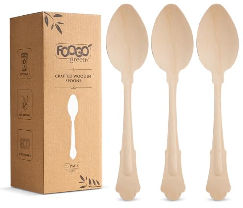 FOOGO Green 300pcs Elegant Disposable Wooden Spoons, 20cm | FSC® Certified, 100x Spoons, Biodegradable Eco Friendly Cutlery Set, Ideal for Weddings, Bamboo, Alternative to Plastic