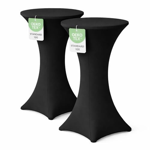 EXKLUSIV HEIMTEXTIL Stehtischhusse für Bistrotisch mit 4 verstärkten Fußlaschen elastisch Stretch Oeko-TEX Zertifiziert Ø 70-75x110-120 cm Schwarz (2 Stück)