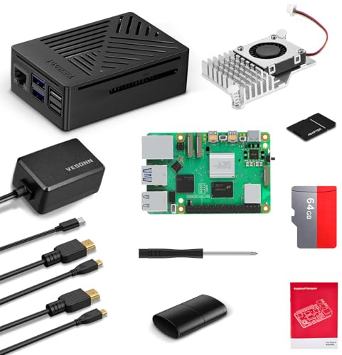Vesonn Raspberry Pi 5 16 Go Kit de démarrage avec carte 64 Go Boîtier Raspberry Pi 5 avec refroidisseur actif Bloc d'alimentation GaN 5,1 V 5 A de type C 2 câbles de sortie HD Lecteur de carte Adaptat