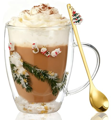 Weihnachtsglastasse, Weihnachtskaffeetasse, 350ML Doppelwandige Gläser Weihnachten Becher Kaffee Teegläser, Süße Kaffeetassen mit Löffel, Mikrowellengeeignet Spülmaschinenfest, Weihnachtsgeschenke