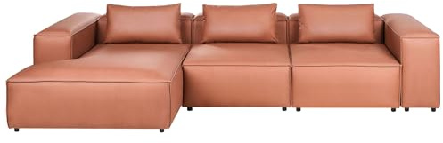 Beliani Canapé d'angle à Droite Moderne 4 Places Modulable en Cuir PU avec Accoudoirs Marron Doré Brande