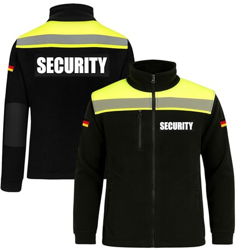 Sicherheitsdienst Fleecejacke Herren – Funktionale Arbeitsjacke aus warmem Polar-Fleece mit Aufdruck vorne & hinten, ideal als HI VIZ Security Fleece Jacke, Wachschutz, wahlweise mit Deutschlandflagge
