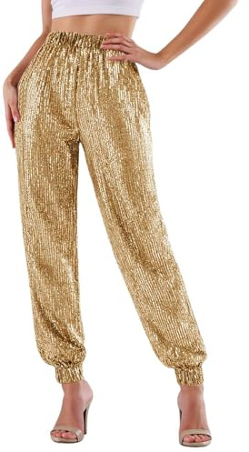 Hose Gold Damen FaschingskostüMe Glitzer Hose Damen Pailletten Party Silvester Paillettenhose Festliche Disco Rave Outfit Karneval KostüM FaschingskostüMe Vintage Elegant 70Er Jahre Glitzerhose