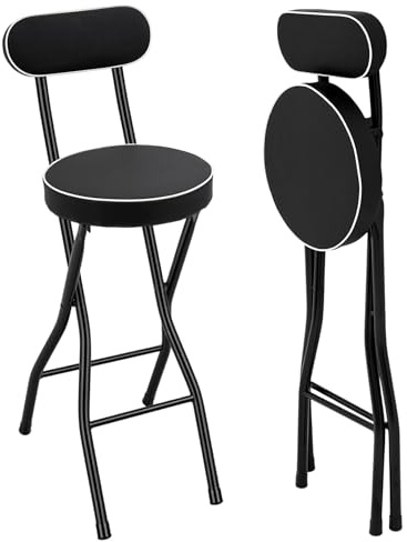 KigerNee Juego de 2 taburetes de bar plegables con respaldo, altura del asiento de 65 cm – Trona de apoyo de pie soporta hasta 125 kg con acolchado y reposapiés para bar, cocina, balcón, camping