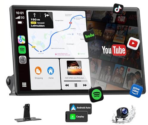 LAMTTO 11 Zoll Wireless CarPlay Display mit YouTube TikTok Video-Apps,Tragbares Autoradio für Apple CarPlay&Android Auto mit Rückfahrkamera/Navigation/In-Cell Touchscreen/Sprachassistent/OTA/Bluetooth