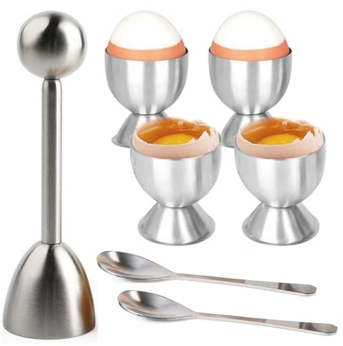 9 Piece Egg Topper Set for Boiled Eggs, Egg Topper Cutter and Egg Cracker Tool for Kitchen Use, Stainless Steel Construction with 4 Cups and 4 Spoons