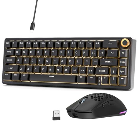 Dierya DK68E 60% Gasket Tastatur (Hot Swap, Creamy Switches, 66 Tasten, RGB, Knopf, Schwarz) + M1 Kabellose Maus (24k DPI, 90g, 6 Tasten, 180h, 2.4G/BT/USB-C, Schwarz) für PC