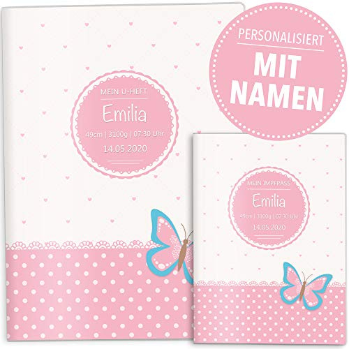 OLGS U-Heft- und Impfpasshülle Set | Rosa Herzchen | Hüllen für Kinder Untersuchungsheft & Impfpass | Geschenkidee mit Namen und Geburtsdatum (U-Heft Hüllen Set personalisiert, Schmetterling)