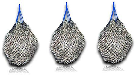 3X Heunetz Pferde extra engmaschig 3cm Netz + 3X gratis Karabiner artgerechte Fütterung verbessert Verdauung & Wohlbefinden der Tiere Heu Gras Futter Stroh Futternetz Heusack 4,5 kg Füllgewicht