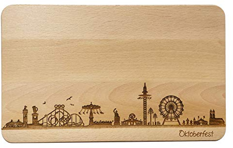 SNEG Brotzeitbrett Oktoberfest München Skyline | Wiesn Frühstücksbrett aus Buche | Holz Schneidbrett | Geschenk mit Gravur (Standard (22x14x1cm), 1. ohne persönlicher Gravur)