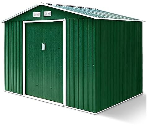 GOPLUS Verktygshus i metall, 213 x 127 x 185 cm, trädgårdshus med skjutdörr, fundament och fönster, utrustningsskjul för utrustning och verktyg, färgval (grön)