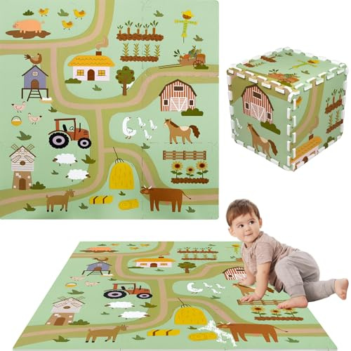 Humbi Puzzlematte Eva Schaumstoff für Babys und Kinder Krabbelmatte Spielmatte Fitnessmatte Schutzmatte Poolmatte Bodenschutz 90 x 90 x 1 cm (Ländliche Straßen, Dorfstraßen, Landwirtschaft)