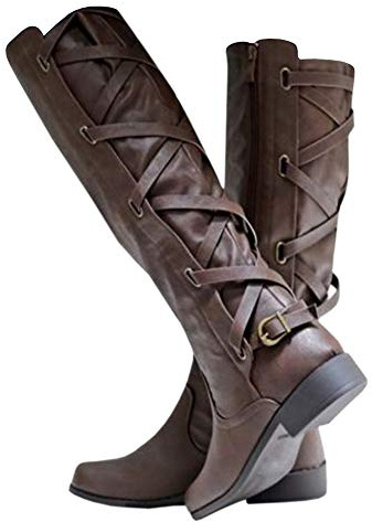Syktkmx Womens Strappy Motorcycle Knee High Boots Winter Lace Up Riding Flat Low Heel Shoes, Dark Brown, Size 9