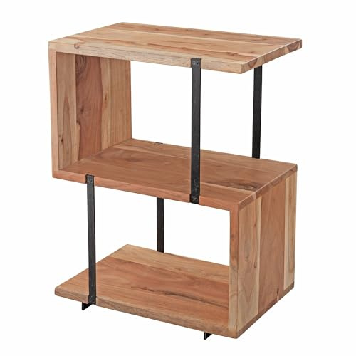Wohnling Beistelltisch S-Form 45x30x60 cm Akazie Metall Hell | Ablagetisch Industrial mit Metallbeinen, Tischchen für Wohnzimmer, handgefertigtes Unikat, Anstelltisch modern