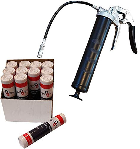 Pistol Grip Grease Gun and Box of 12 Grease Cartridges Bundle Offer, Professional Pistol Grease Gun with Flexible Hose and Coupler, EP2 Lithium-based Grease, 400g/14oz Cartridge, by Agri-Linc
