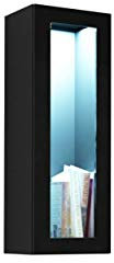 Furniture24 Hängevitrine Vigo Horizontale oder Vertikale Montage Hängeschrank Wandschrank mit 1 Tür Wohnzimmerschrank Grifflose Push to Open (Schwarz/Schwarz Hochglanz, Mit Blauer LED Beleuchtung)