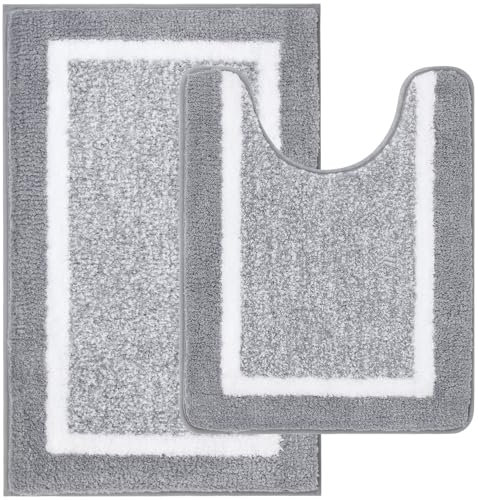 Pauwer Bath Mat Sets for Bathroom 2 Piece Microfiber Shower Mat & U Shape Toilet Rug Extra Soft Plush Floor Mats for Bath Tub, Shower(50x80cm+50X60cm, Light Grey)