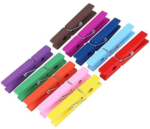 MEETOZ 50pcs Colored Clothespins - Wooden & Metal Clothes Pins - Multicolor, Decorative Style - Clothespins for Photos, Crafts & Clothing