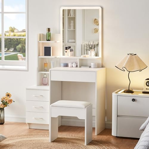 CLIPOP Schminktisch weiß, 4 Schubladen, Hocker, 87×40×144 cm | Mit Spiegel, moderner Frisiertisch, Kosmetiktisch, aus Holz, für Schlafzimmer, elegantes Design, viel Stauraum
