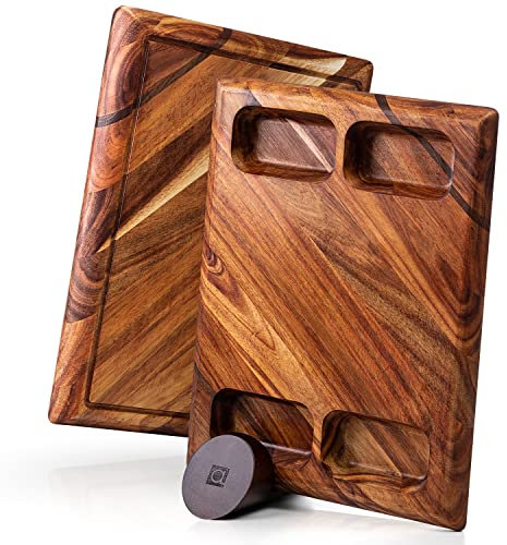 Contour Schneidebrett Holz - Großes Akazienholz Tranchierbrett mit Ständer, Beidseitiges Küchenbrett mit Saftrille und 4 Schalen - Servierbrett von Apace Living 43 x 33 x 3,8 cm