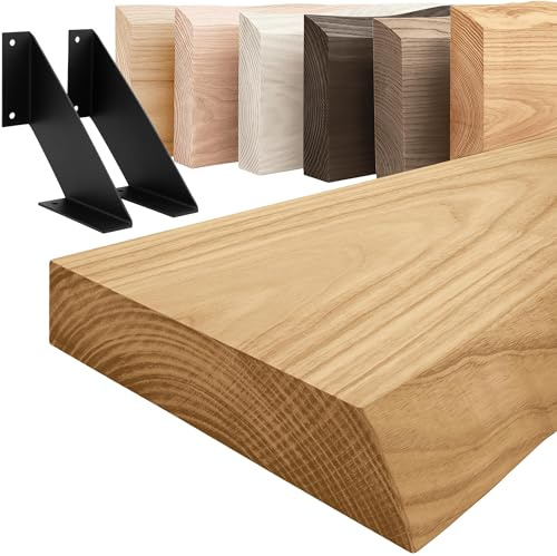 LAMO Manufaktur Holzregal mit schwarzen V-förmigen Halterungen | Wand Regal 70 cm breit für Wohnzimmer, Küche, Büro im Industrial-Stil | Farbe: Rustikal, Kante: natürlich | Massivholz, hohe Qualität