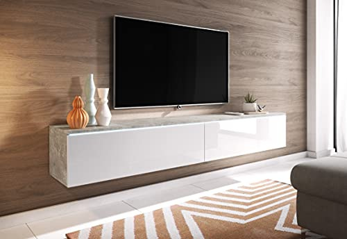 Meuble TV LOWBOARD D 180 cm, support TV, meuble TV suspendu, blanc, béton (béton / blanc brillant)