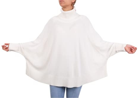 Marenza Poncho Misto Cashmere Kimono Collo Anello Donna Made in Italy Doppio Filo Manica Lunga Lana Merino Cachemire Mantella Taglia Unica Regalo Abbigliamento Inverno Coprispalle (Bianco)