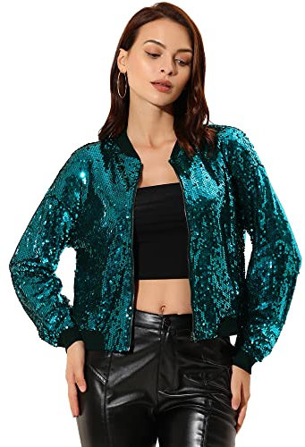 Allegra K Damen Glitzer Jacke Bomberjacke Pailletten Bomber Jacke Langarm Party Club Metallic Sequin Jacken Dunkelgrün M