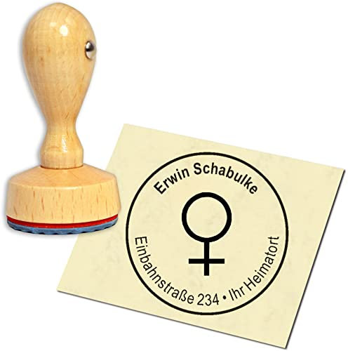 Stempel Adressstempel Holzstempel - Frau Symbol - rund ∅ 40mm personalisiert als Firmenstempel Namensstempel Bürostempel