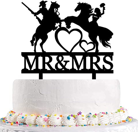 Rustic Western Wedding Cake Topper with Horse and Cowboy Couple Holding Rifle - Perfect for Country Themed Weddings and Special Occasions