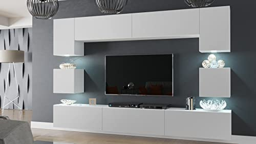 Furnitech Wohnwand Wohnzimmer Möbel (Weiß matt) mit LED RGB - 16 Farben - Hängend Wohnzimmerwand Modern - Schrankwand mit Regale und TV Schrank (Nowara AN1-17W-M53 1C Matt)