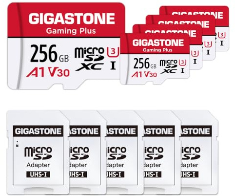 【Solo per Switch 1】GIGASTONE Micro SD 256 GB Set da 5, Gaming Plus Serie, A1 U3 V30, Velocità Fino a 100/60 MB/s con Adattatore per Telefono Fotocamere Videocamera Tablet