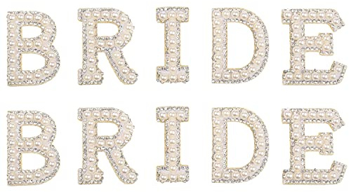 NAUZE 10 Stück Braut Strass Bügelbilder Bling Diamant Perle Buchstaben Patches Braut Englisch Brief Aufnäher für Kleidung DIY Kunst Handwerk