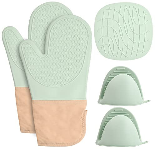 Set of Silicone Oven Gloves Heat Resistant, Pot Holder, Pot Mat, Silicone Oven Mitts Potholder Green Oven Glove Set for Home Kitchen Cooking, Baking, Grilling