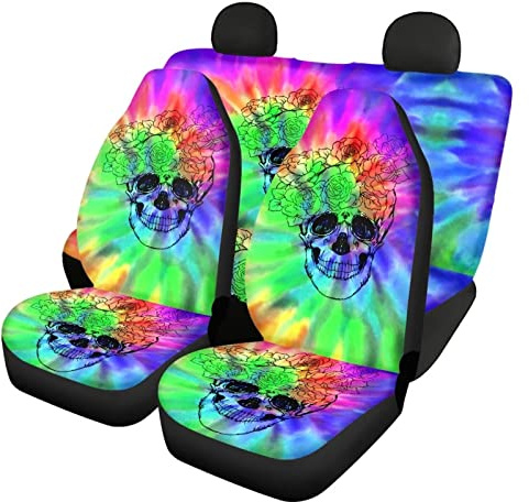 Dolyues Autositzbezüge mit Batik-Totenkopf-Motiv, komplettes Set, atmungsaktives Netzgewebe, Innenzubehör für 5-Sitzer-Schutzbezüge, rutschfester Sitzbezug, bunt