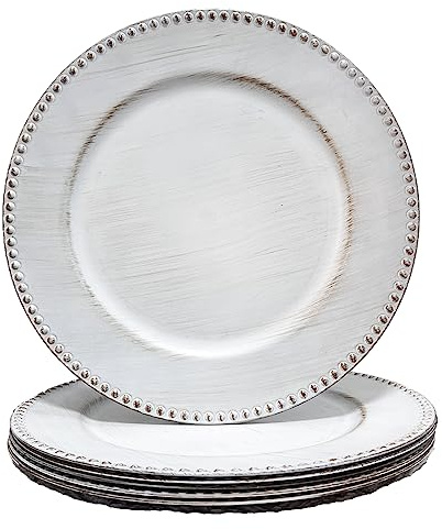 UOEKCS Weiße Platzteller mit Perlenrand, 33 cm, rund, Vintage-Ladegerät für Speiseteller, Set mit 6 Kunststofftellern für Hochzeitstisch, Party-Dekoration.