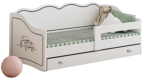 Happy Babies ROYAL- Kinderbett 160 x 80 mit Matratze Bett für Kinderzimmer mit Rausfallschutz und Schubladen Jungenbett mit Auto Muster