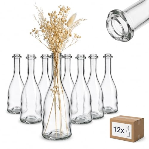 gouveo 12er Set Glasvase 200 ml (0,20 l) Rustica200 rund ohne Deckel – Schlanke Klarglas-Dekovasen für Trockenblumen, Tischdeko, Hochzeit – zylindrisch (RV200)