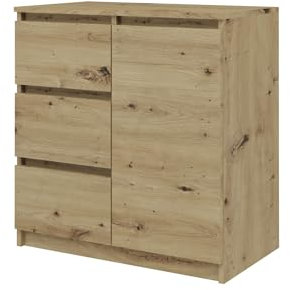 VBChome Kommode mit 1 Tür und 3 Schubladen 80 x 40 x 75 cm Eiche Artisan Grifflose Schubladenkommode Mehrzweckschrank für Flur Schlafzimmer Wohnzimmer Kinderzimmer Modern Eiche Artisan