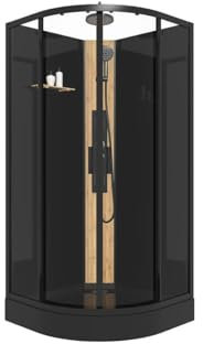 Vente-unique - Cabine de douche hydromassante en quart de cercle avec panneau en bambou - Noir - L90 x l90 x H225 cm - TILOMA