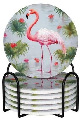Untersetzer mit weißem Flamingo-Druck, 6 Stück, mit Halter, Korkboden, Tassen-Untersetzer, saugfähige Keramik-Tassenmatte für Zuhause, Esszimmer, Dekor