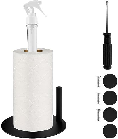 Paper Towel Holder with Spray Bottle Stainless Steel Paper Roll Holder with Non-Slip Weighted Base Countertop Paper Towel Stand Vertical Paper Towel Holder Organizer Roll Dispenser for Kitchen