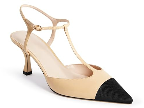 Coutgo Womens Kitten Heels Slingback Pumps Closed Pointed Toe Two Tone Ankle T Strap Office Dress Shoes, Khaki, Size 7.5