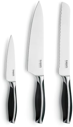 Kuppels Küchenmesser-Set 3-tlg., Kochmesser, Brotmesser, Allzweckmesser | Schwarze ABS-Griffe und hochwertiger MoV-Stahl 50CrMoV15 sorgen für optimale Balance, Griffigkeit und Langlebigkeit