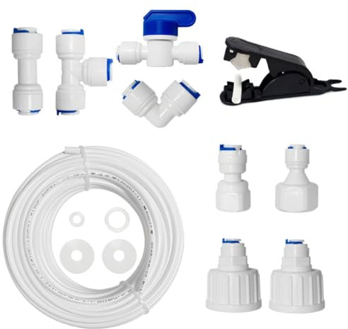 15M Water Supply Pipe and Universal Fridge Hose Connector Kit, 1/4 (6mm) Pushfit with Y+T+I+L Connectors and Shut-Off Valve, Compatible with European Style Double Fridge Refrigerators