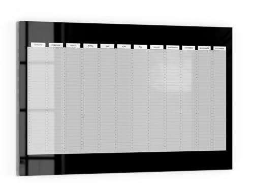 DEQORI Glas-Magnettafel | 60x40 cm cm groß | Motiv Jahresplaner Schwarz (DE) | Memo-Board aus Glas | Magnetboard inkl. Magnete, Stift & Tuch für Küche & Büro | Tafel magnetisch & beschreibbar