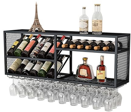 WXZXWXZX Weinregal Wand Metall Flaschenregal Schmal Bar Regal Wand Weinschrank Hausbar Schmal Barschrank mit Weinglashalter Getränke Regal Mini Bar für Bartheke Küche Esszimmer(Nero,150 * 30 * 45cm)