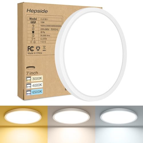 hepside Plafonnier LED, Luminaire Salle de Bain 15W 1800LM 3000K/4500K/6000K Sélectionnable, Moderne Très mince éclairage de Plafond Etanche IP44, Facile à Installer Ø 18cm