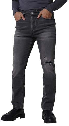 Enorsia Mens Regular Fit Distressed Stretch Denim Jeans - Dark Grey, Classic Five-Pocket, Zipper Fly, Comfortable and Versatile Fashionable Casual Wear (UK, Numeric, 36, Regular, Regular, Grey)